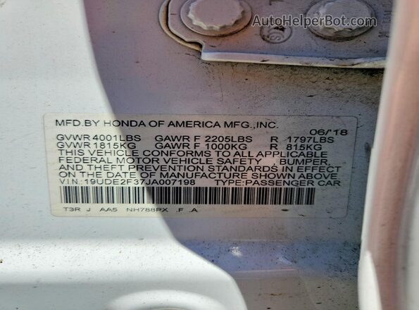 19UDE2F37JA007198 2018 ACURA ILX Белый Вид наклейки с VIN-кодом