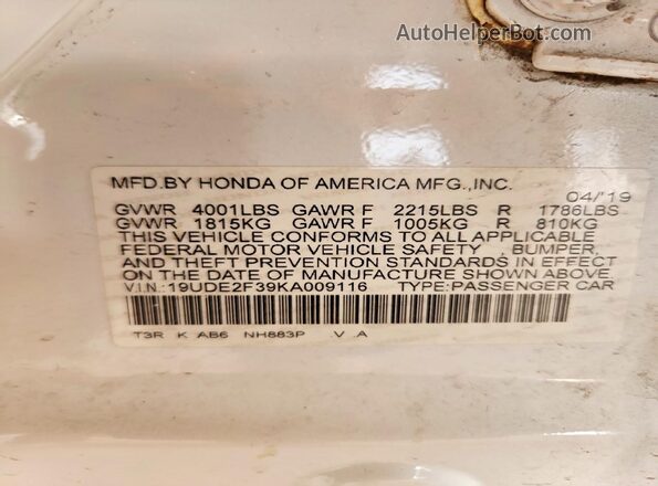 19UDE2F39KA009116 2019 ACURA ILX White Vista de la etiqueta del VIN