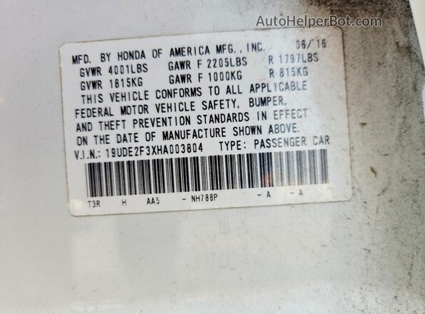 19UDE2F3XHA003804 2017 ACURA ILX White Вид наклейки з VIN-кодом