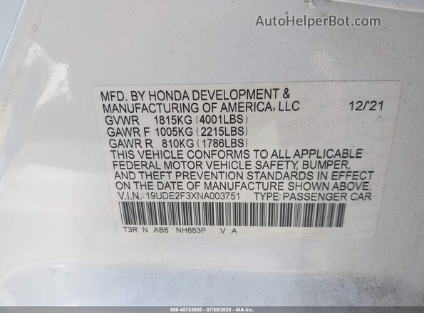 19UDE2F3XNA003751 2022 ACURA ILX Белый Вид подкапотного пространства