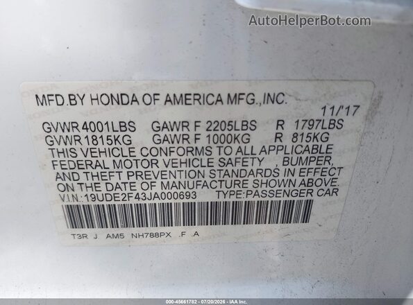 19UDE2F43JA000693 2018 ACURA ILX White Շարժիչի բաժամունքի տեսք