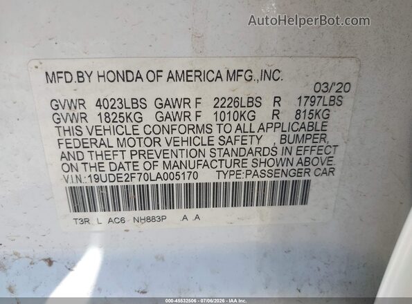 19UDE2F70LA005170 2020 ACURA ILX White Շարժիչի բաժամունքի տեսք