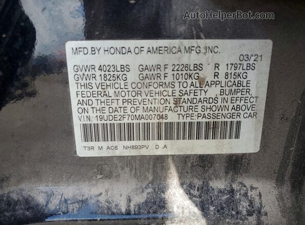 19UDE2F70MA007048 2021 ACURA ILX Black VIN կոդի պիտակի տեսք