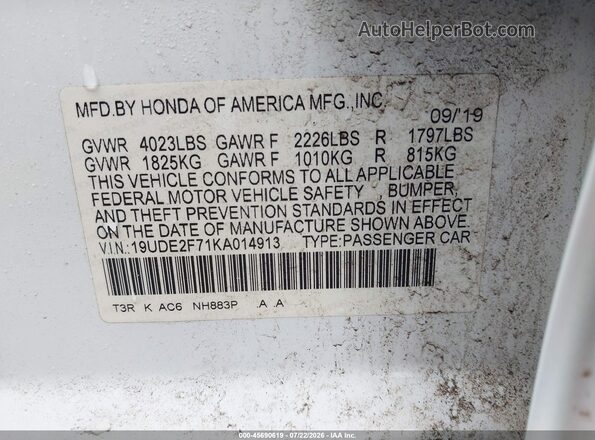 19UDE2F71KA014913 2019 ACURA ILX White VIN sticker view