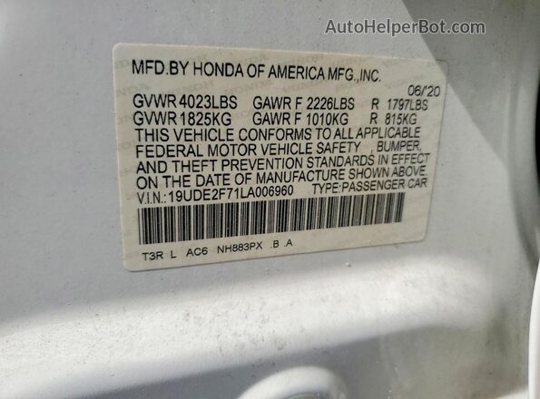 19UDE2F71LA006960 2020 ACURA ILX White Engine compartment view