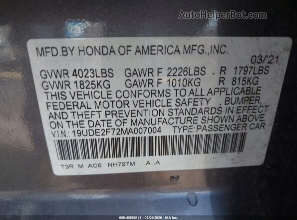 19UDE2F72MA007004 2021 ACURA ILX Gray Շարժիչի բաժամունքի տեսք