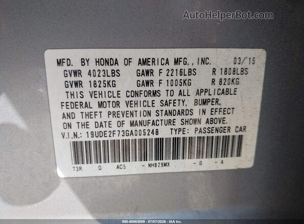 19UDE2F73GA005248 2016 ACURA ILX Silver Вид підкапотного простору