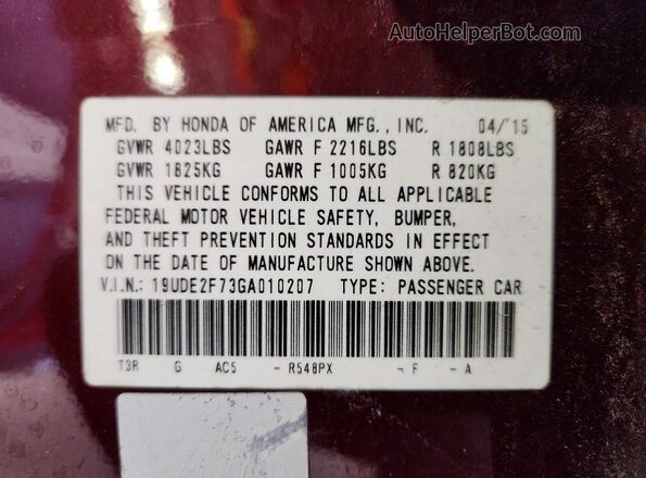 19UDE2F73GA010207 2016 ACURA ILX Burgundy Widok komory silnika