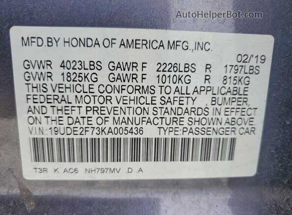 19UDE2F73KA005436 2019 ACURA ILX Charcoal VIN կոդի պիտակի տեսք