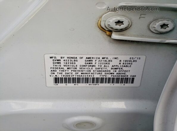 19UDE2F74GA004853 2016 ACURA ILX White VIN կոդի պիտակի տեսք