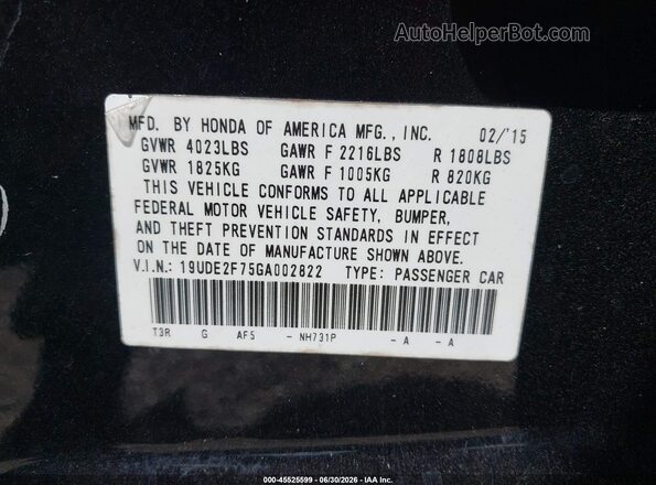 19UDE2F75GA002822 2016 ACURA ILX Black ძრავის განყოფილების ხედი