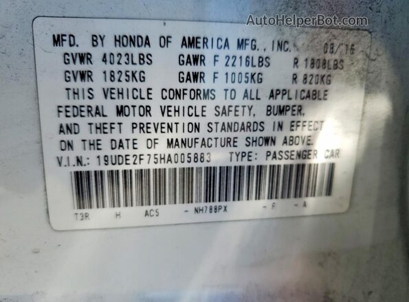 19UDE2F75HA005883 2017 ACURA ILX White VIN sticker view