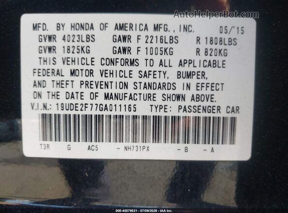 19UDE2F77GA011165 2016 ACURA ILX Black Vista del compartimento del motor
