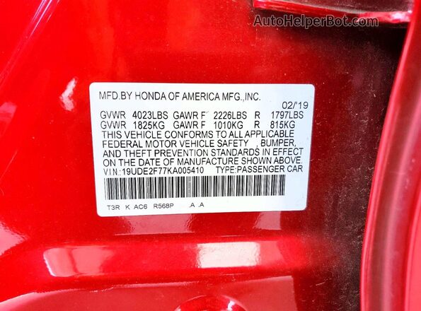 19UDE2F77KA005410 2019 ACURA ILX Red Շարժիչի բաժամունքի տեսք