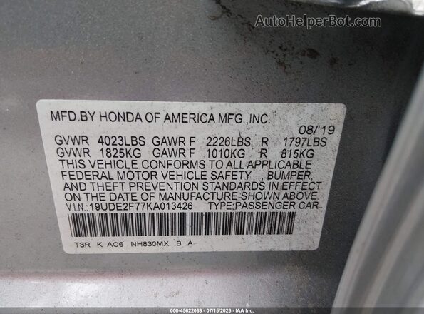 19UDE2F77KA013426 2019 ACURA ILX Silver ძრავის განყოფილების ხედი