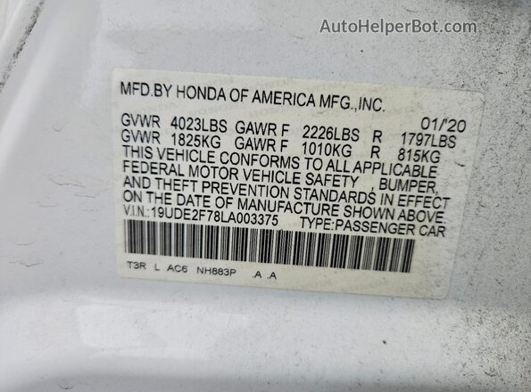 19UDE2F78LA003375 2020 ACURA ILX White Engine compartment view
