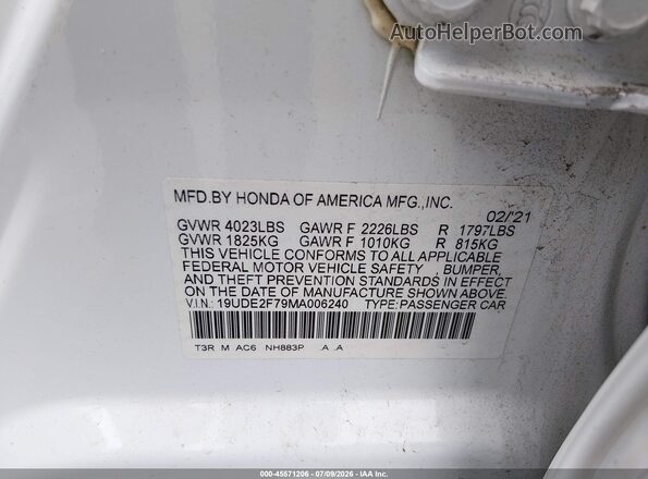 19UDE2F79MA006240 2021 ACURA ILX Белый Вид подкапотного пространства