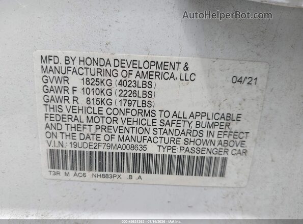 19UDE2F79MA008635 2021 ACURA ILX White ძრავის განყოფილების ხედი