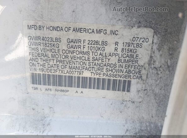 19UDE2F7XLA007797 2020 ACURA ILX White Vista del compartimento del motor