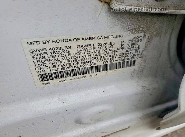 19UDE2F7XLA012918 2020 ACURA ILX White Widok komory silnika