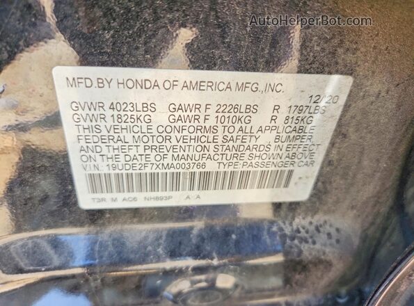 19UDE2F7XMA003766 2021 ACURA ILX Black Vista de la etiqueta del VIN