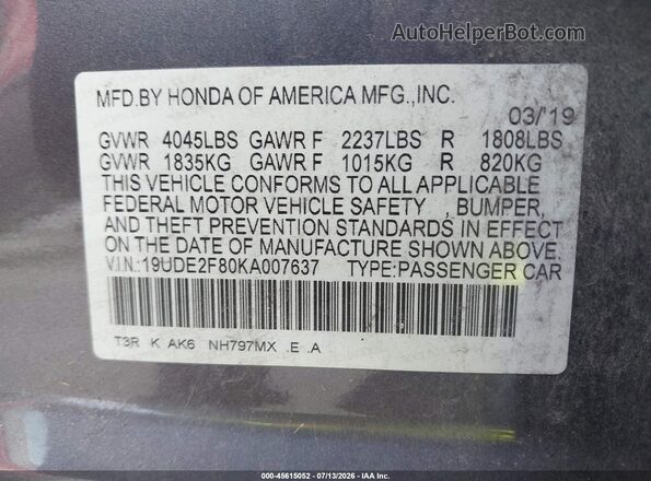19UDE2F80KA007637 2019 ACURA ILX Gray Engine compartment view