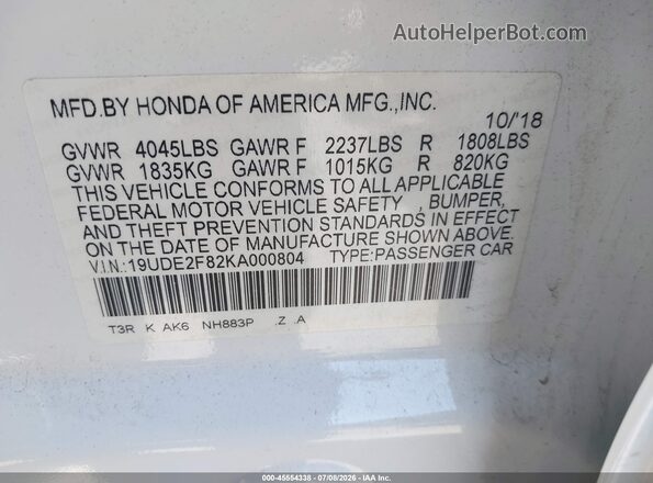 19UDE2F82KA000804 2019 ACURA ILX White Vista del compartimento del motor