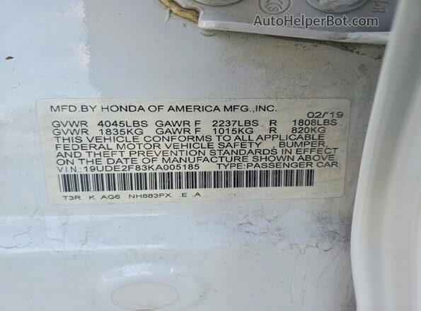 19UDE2F83KA005185 2019 ACURA ILX White ძრავის განყოფილების ხედი