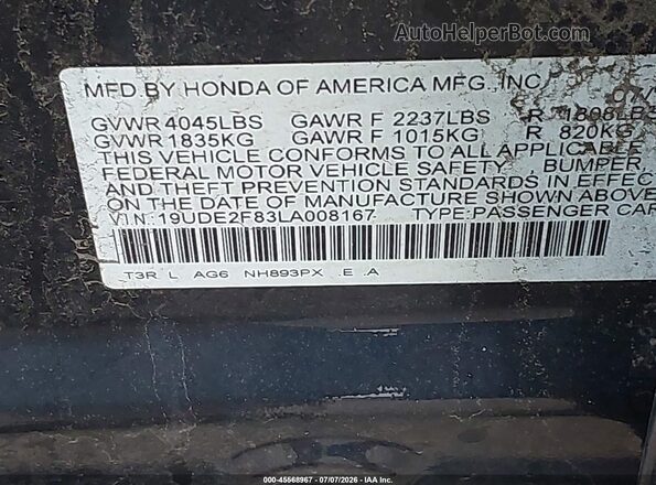 19UDE2F83LA008167 2020 ACURA ILX Black Շարժիչի բաժամունքի տեսք