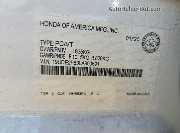 19UDE2F83LA800691 2020 ACURA ILX White VIN sticker view