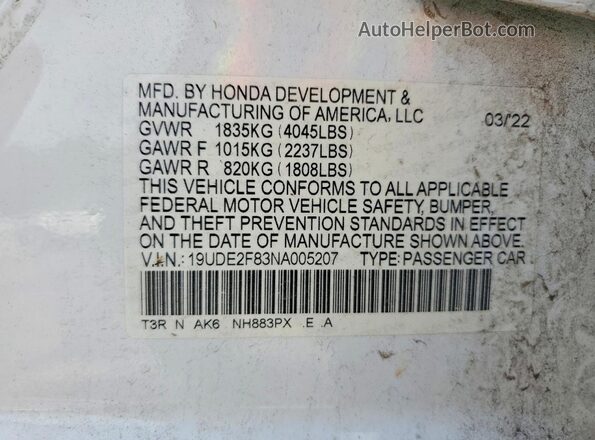 19UDE2F83NA005207 2022 ACURA ILX White Շարժիչի բաժամունքի տեսք
