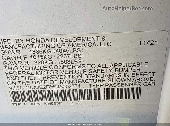 19UDE2F86NA002771 2022 ACURA ILX Белый Вид подкапотного пространства
