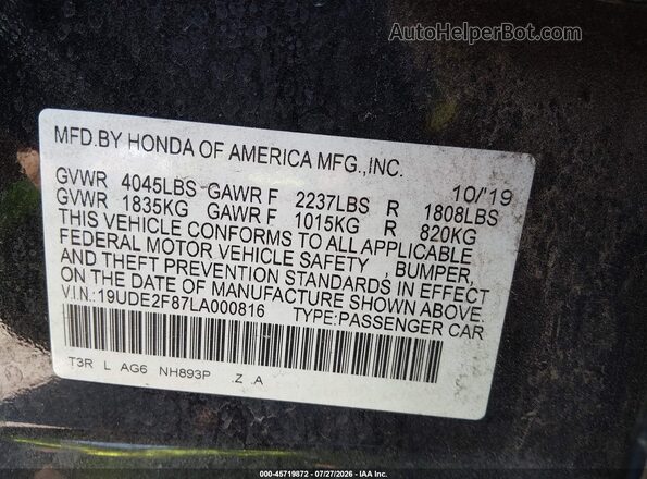 19UDE2F87LA000816 2020 ACURA ILX Черный Вид подкапотного пространства