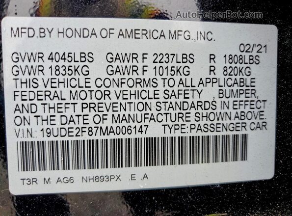 19UDE2F87MA006147 2021 ACURA ILX Black Widok naklejki z numerem VIN