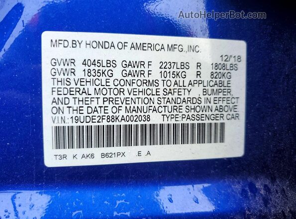 19UDE2F88KA002038 2019 ACURA ILX Blue Engine compartment view