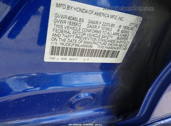 19UDE2F89LA008349 2020 ACURA ILX Blue Engine compartment view