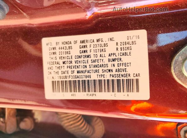 19UUB1F30GA007846 2016 ACURA TLX Burgundy ძრავის განყოფილების ხედი