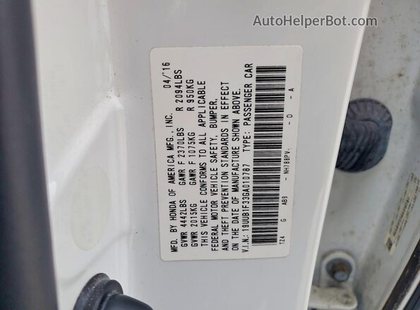 19UUB1F33GA010787 2016 ACURA TLX White Вид підкапотного простору