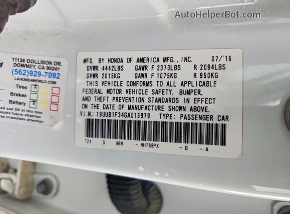19UUB1F34GA015979 2016 ACURA TLX White VIN կոդի պիտակի տեսք