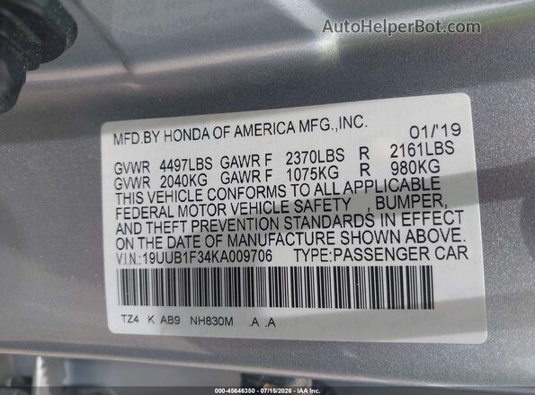 19UUB1F34KA009706 2019 ACURA TLX Silver Widok komory silnika