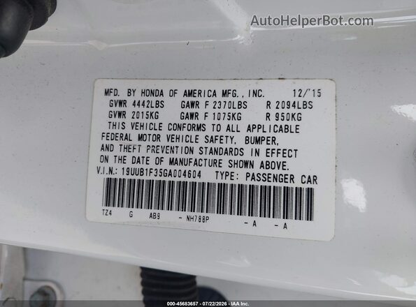 19UUB1F35GA004604 2016 ACURA TLX White Vista del compartimento del motor