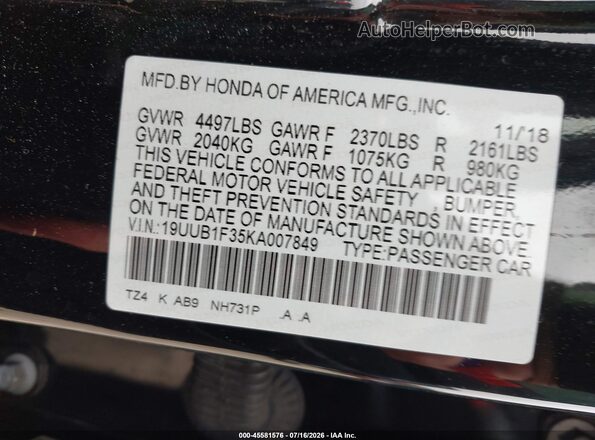 19UUB1F35KA007849 2019 ACURA TLX Black Вид підкапотного простору