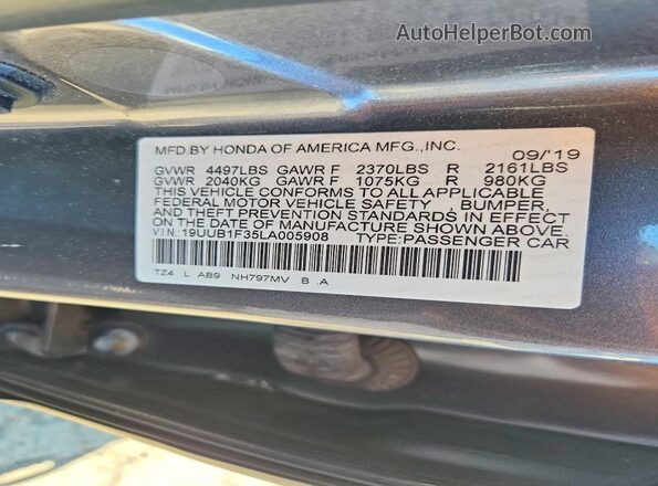 19UUB1F35LA005908 2020 ACURA TLX Gray Engine compartment view