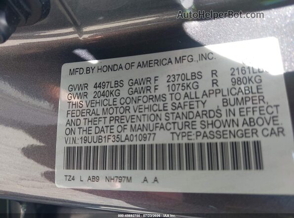 19UUB1F35LA010977 2020 ACURA TLX Gray Vista del compartimento del motor