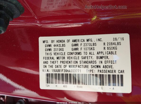 19UUB1F36HA003771 2017 ACURA TLX Red Vista del compartimento del motor