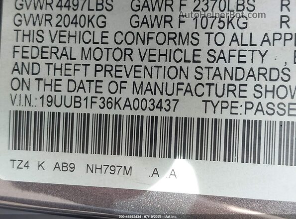 19UUB1F36KA003437 2019 ACURA TLX Gray Շարժիչի բաժամունքի տեսք