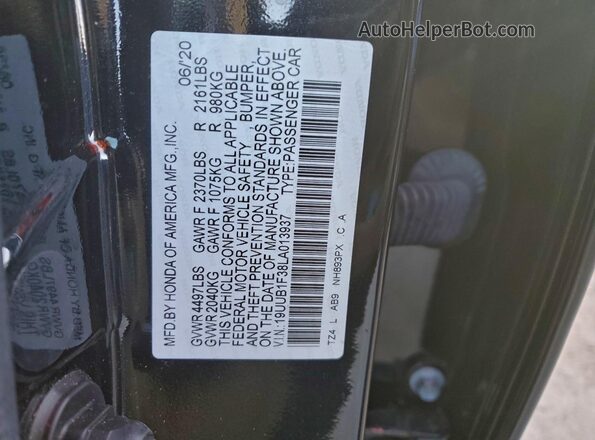 19UUB1F38LA013937 2020 ACURA TLX Black Շարժիչի բաժամունքի տեսք