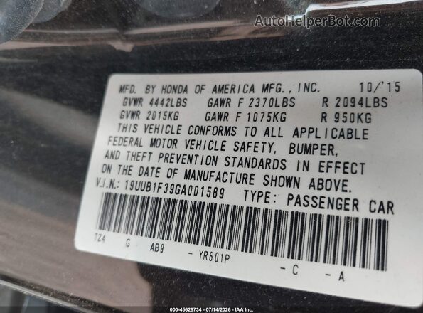 19UUB1F39GA001589 2016 ACURA TLX Черный Вид подкапотного пространства