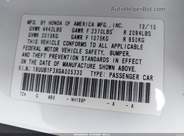 19UUB1F3XGA005330 2016 ACURA TLX White Engine compartment view