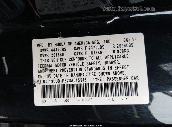 19UUB1F52GA015545 2016 ACURA TLX Black Engine compartment view